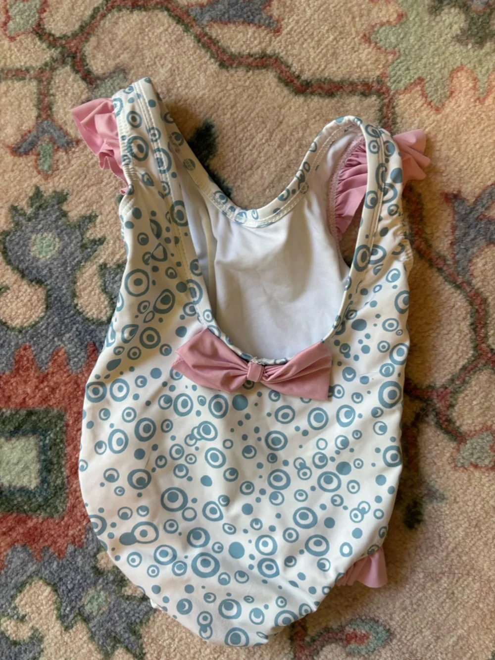 Little English White Swimsuit with Blue Bubble Print and Pink Ruffles